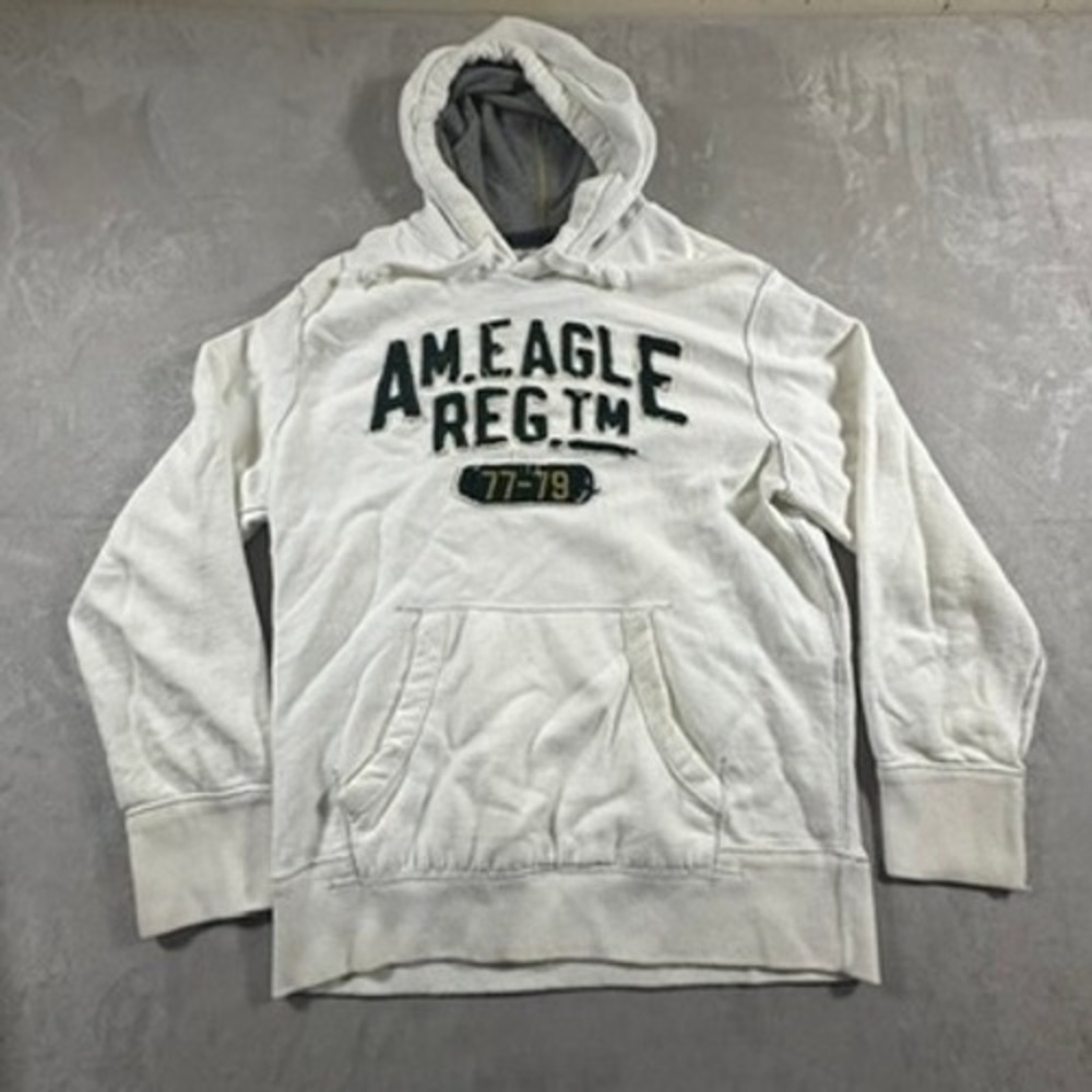 American Eagle Hoodie Mens Y2K Spellout Fleece Large White